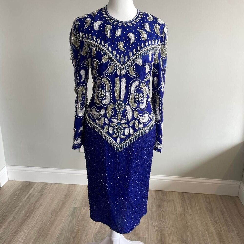 Vintage Blue & White Beaded Paisley Silk Petite Small S